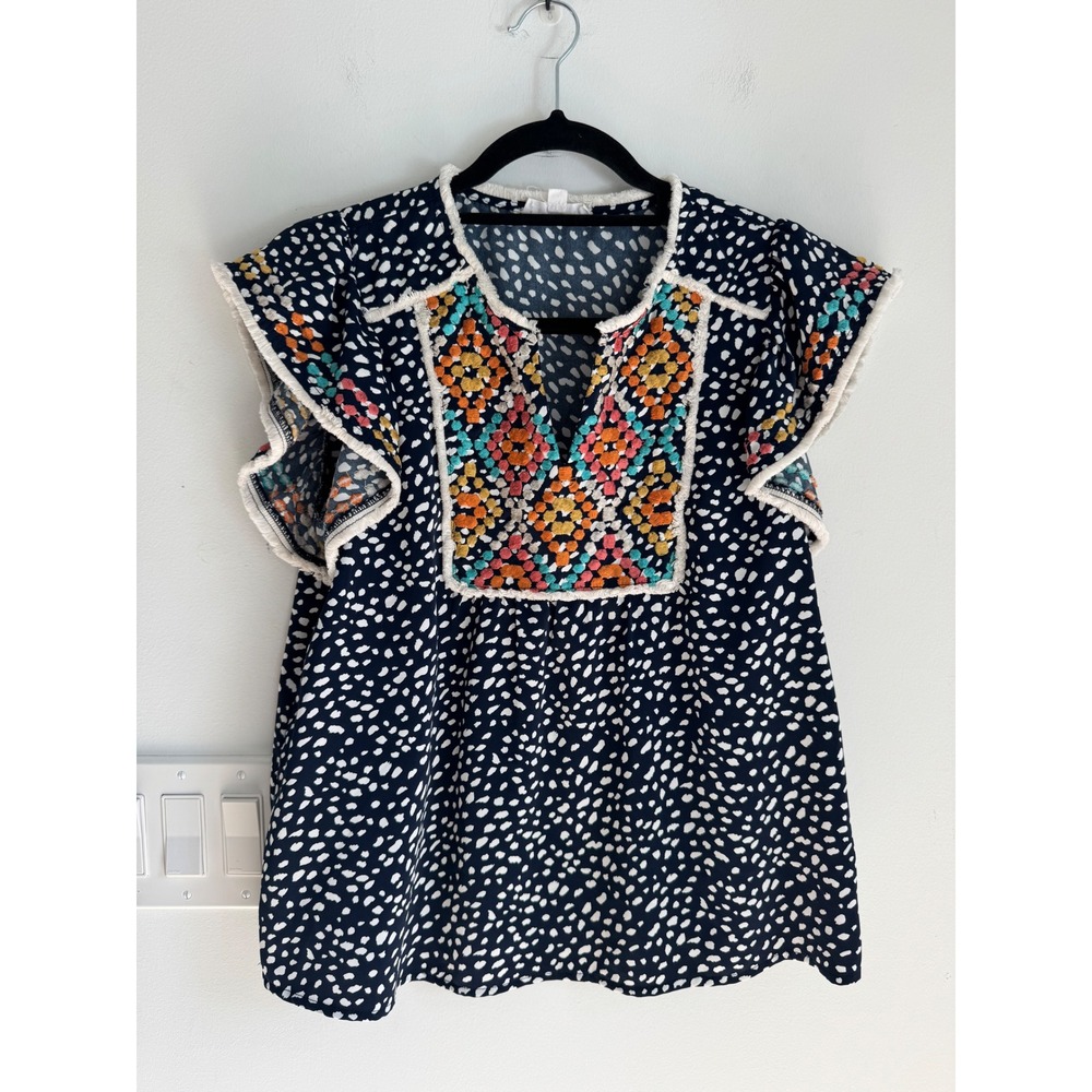 THML Navy Blue White Dot Embroidered Flutter Sleeve Top Small
